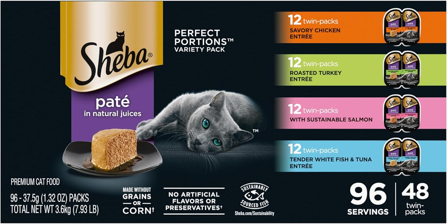 Sheba Perfect Portions Wet Cat Food Pate with Sustainable Salmon, Signature Seafood Entree, and Tender Whitefish and Tuna Entree Variety Pack, 2.6 oz. Twin Pack Trays (24 Count, 48 Servings)