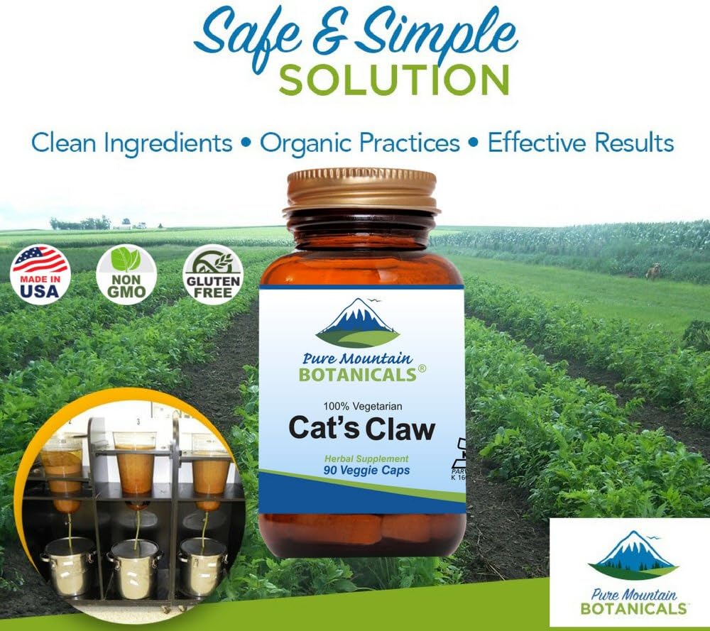Pure Mountain Botanicals Cat’s Claw Capsules - 90 Kosher Vegan Caps with 1000mg Peruvian Cats Claw Uncaria Tomentosa Herbal Supplement