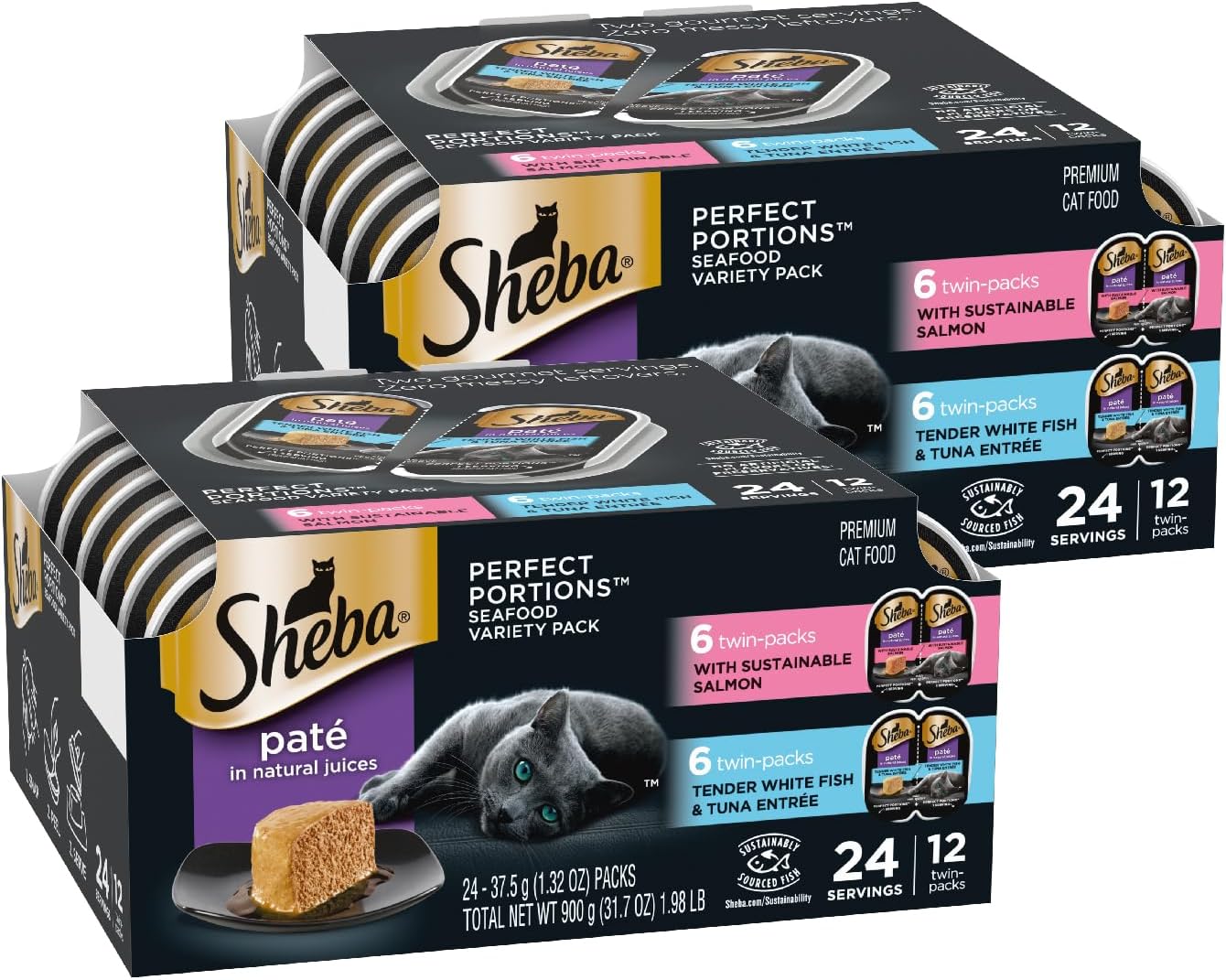 Sheba Perfect Portions Wet Cat Food Pate with Sustainable Salmon, Signature Seafood Entree, and Tender Whitefish and Tuna Entree Variety Pack, 2.6 oz. Twin Pack Trays (24 Count, 48 Servings)
