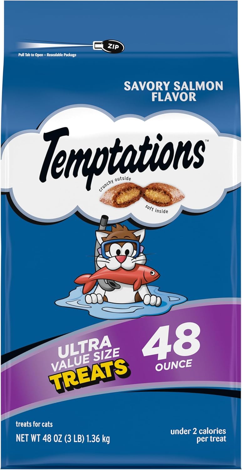 Temptations Classic Crunchy and Soft Cat Treats, Savory Salmon Flavor, 30 oz. Tub