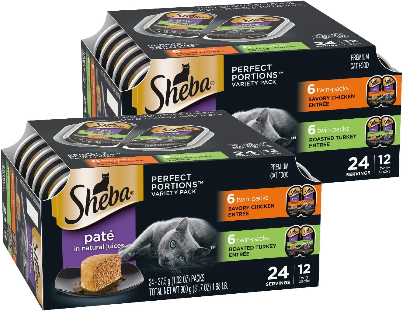 Sheba Perfect Portions Wet Cat Food Pate with Sustainable Salmon, Signature Seafood Entree, and Tender Whitefish and Tuna Entree Variety Pack, 2.6 oz. Twin Pack Trays (24 Count, 48 Servings)