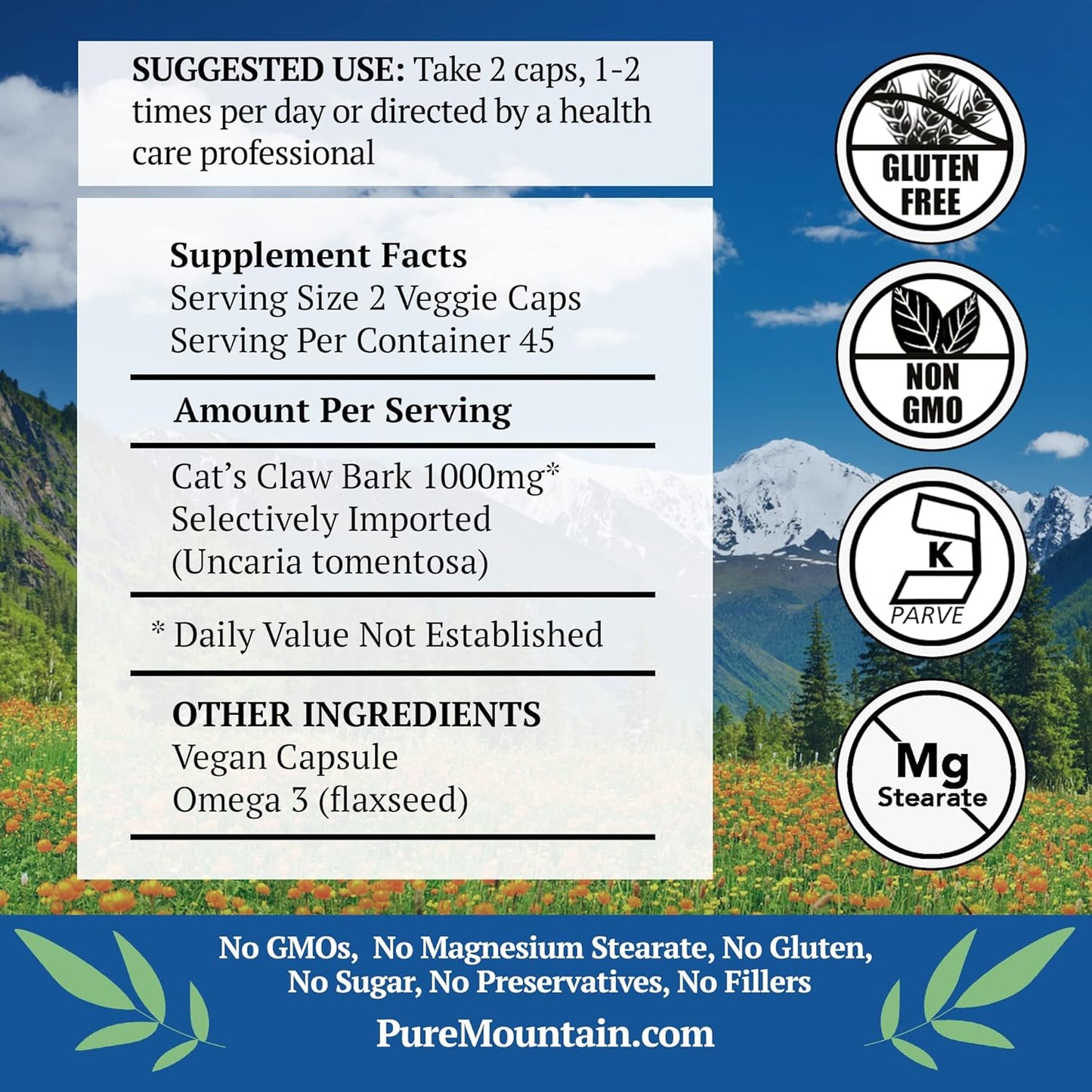 Pure Mountain Botanicals Cat’s Claw Capsules - 90 Kosher Vegan Caps with 1000mg Peruvian Cats Claw Uncaria Tomentosa Herbal Supplement