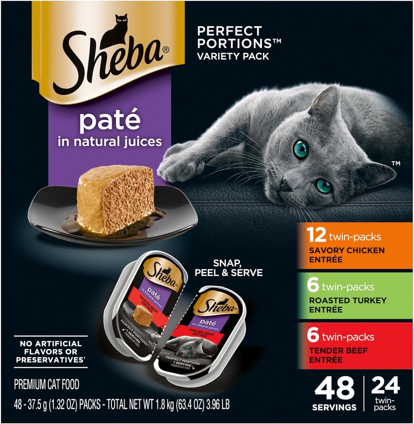 Sheba Perfect Portions Wet Cat Food Pate with Sustainable Salmon, Signature Seafood Entree, and Tender Whitefish and Tuna Entree Variety Pack, 2.6 oz. Twin Pack Trays (24 Count, 48 Servings)