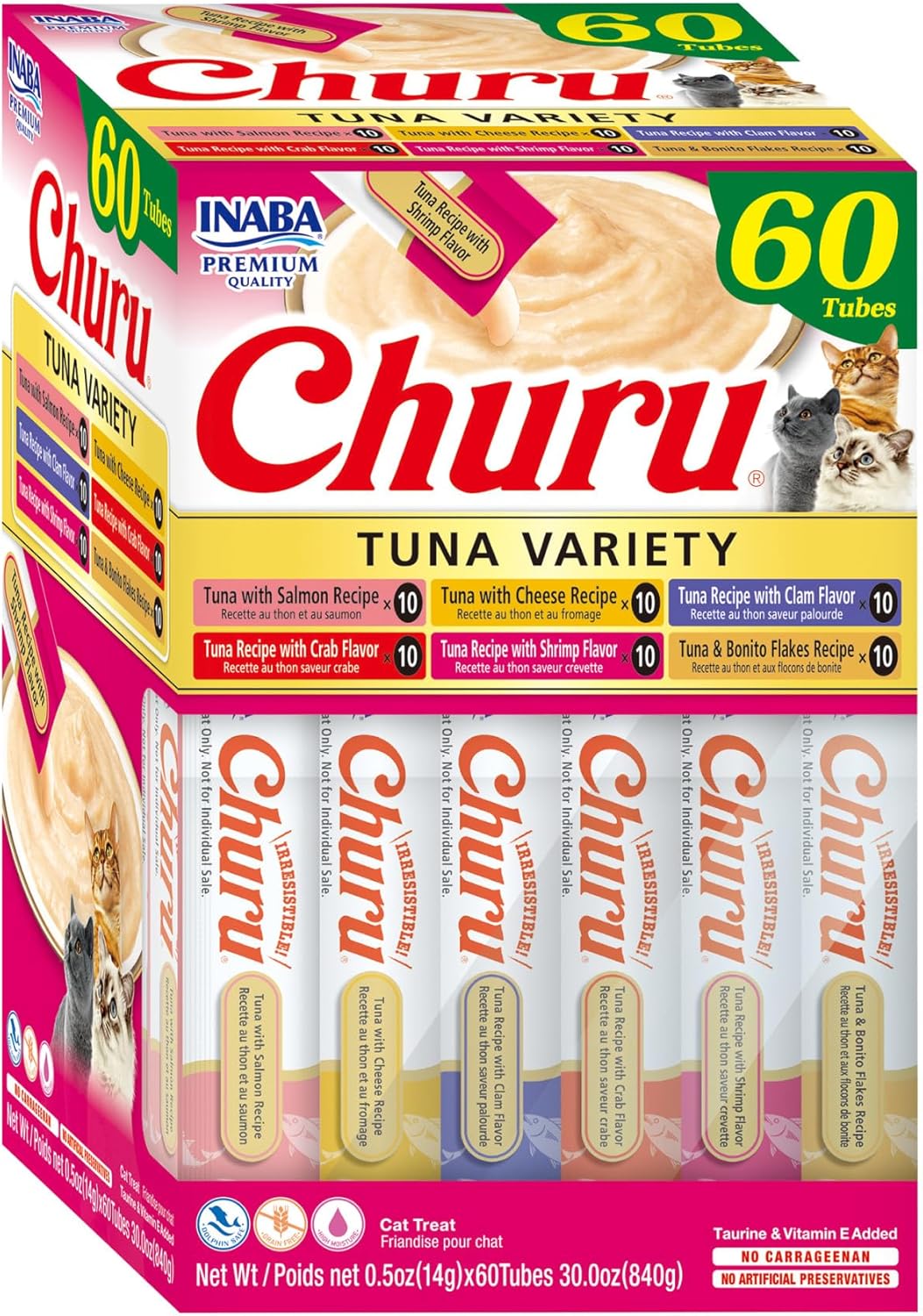 INABA Churu Cat Treats, Lickable, Squeezable Creamy Purée Cat Treat with Green Tea Extract & Taurine, 0.5 Ounces Each Tube, 20 Tubes, Chicken Variety Box