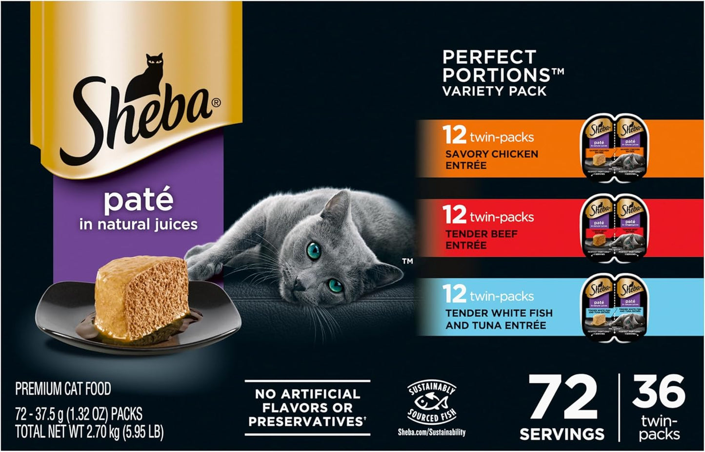 Sheba Perfect Portions Wet Cat Food Pate with Sustainable Salmon, Signature Seafood Entree, and Tender Whitefish and Tuna Entree Variety Pack, 2.6 oz. Twin Pack Trays (24 Count, 48 Servings)