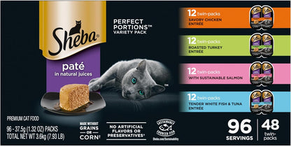Sheba Perfect Portions Wet Cat Food Pate with Sustainable Salmon, Signature Seafood Entree, and Tender Whitefish and Tuna Entree Variety Pack, 2.6 oz. Twin Pack Trays (24 Count, 48 Servings)