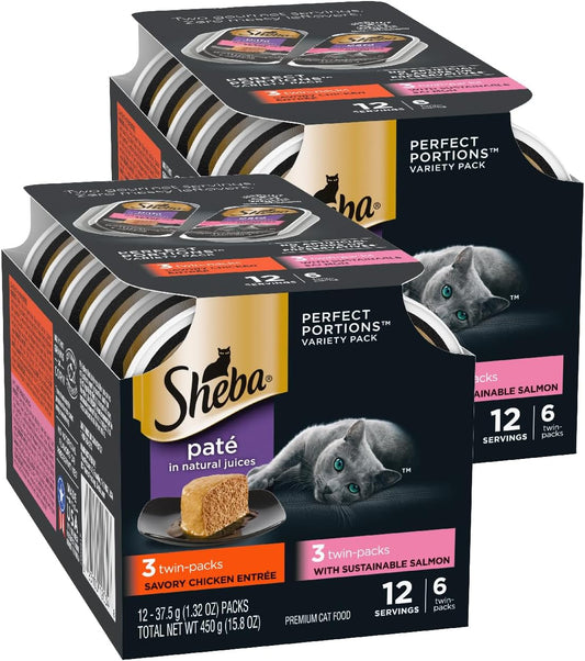 Sheba Perfect Portions Wet Cat Food Pate with Sustainable Salmon, Signature Seafood Entree, and Tender Whitefish and Tuna Entree Variety Pack, 2.6 oz. Twin Pack Trays (24 Count, 48 Servings)
