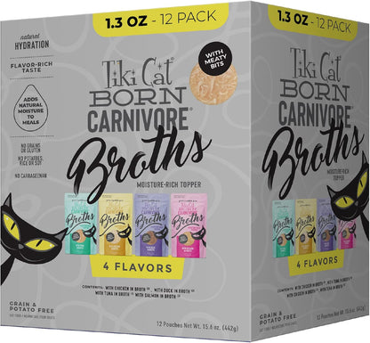 Tiki Cat Born Carnivore Broths, Salmon Recipe, Hydration and Flavor Supplement Cat Food Topper, 1.3 oz. Pouch (Pack of 12)