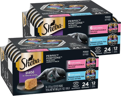 Sheba Perfect Portions Wet Cat Food Pate with Sustainable Salmon, Signature Seafood Entree, and Tender Whitefish and Tuna Entree Variety Pack, 2.6 oz. Twin Pack Trays (24 Count, 48 Servings)