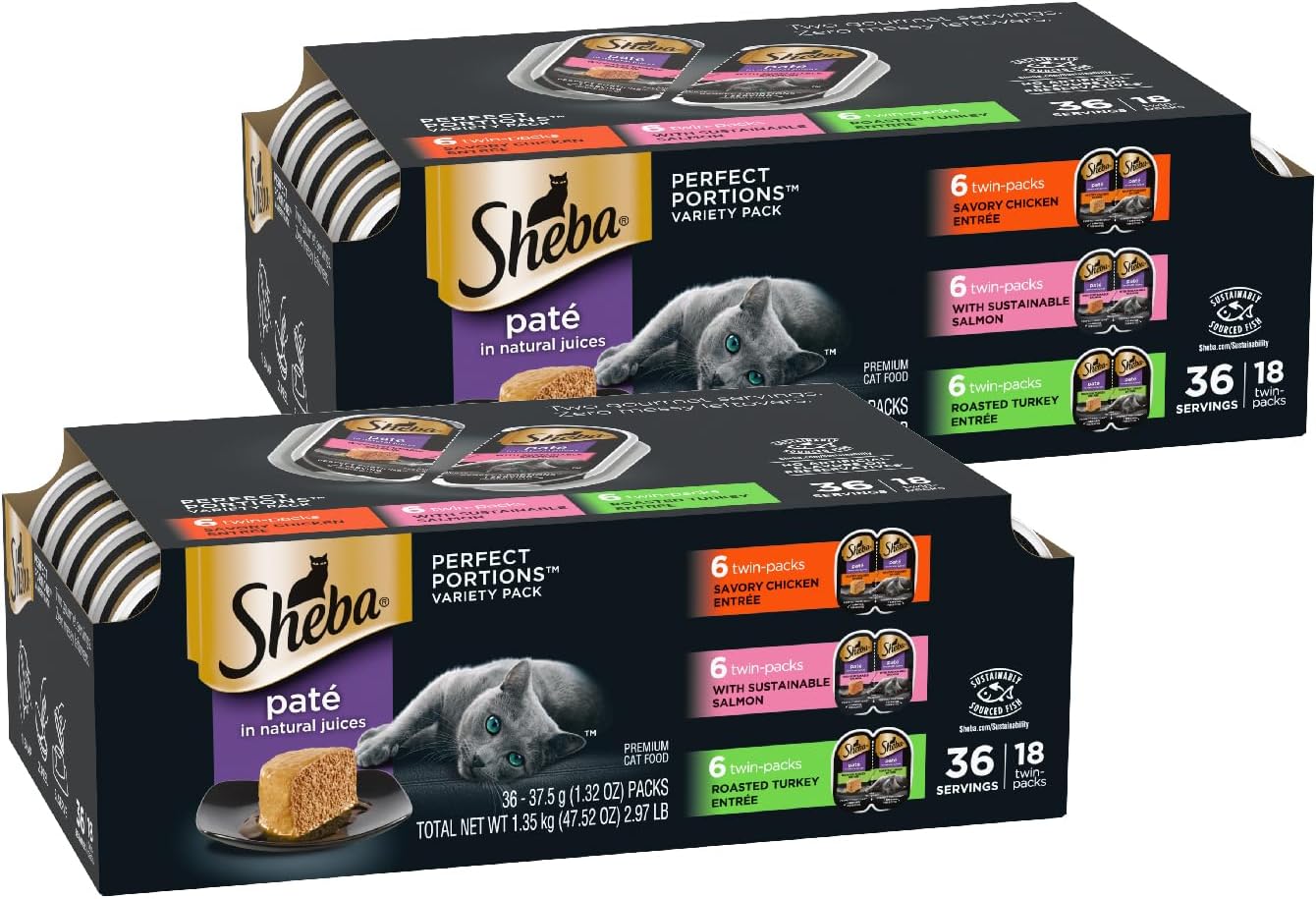 Sheba Perfect Portions Wet Cat Food Pate with Sustainable Salmon, Signature Seafood Entree, and Tender Whitefish and Tuna Entree Variety Pack, 2.6 oz. Twin Pack Trays (24 Count, 48 Servings)