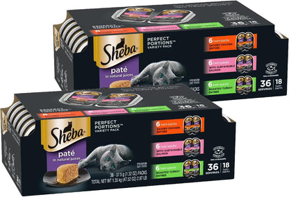 Sheba Perfect Portions Wet Cat Food Pate with Sustainable Salmon, Signature Seafood Entree, and Tender Whitefish and Tuna Entree Variety Pack, 2.6 oz. Twin Pack Trays (24 Count, 48 Servings)