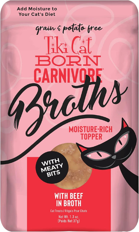 Tiki Cat Born Carnivore Broths, Salmon Recipe, Hydration and Flavor Supplement Cat Food Topper, 1.3 oz. Pouch (Pack of 12)