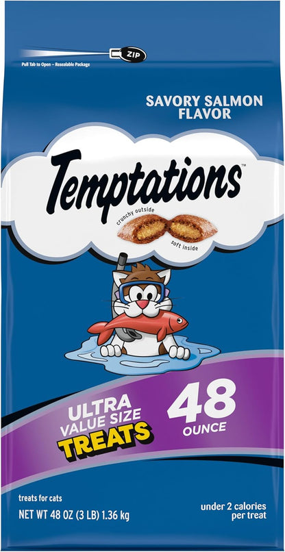 Temptations Classic Crunchy and Soft Cat Treats, Savory Salmon Flavor, 30 oz. Tub