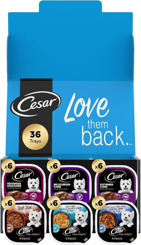 Cesar Wet Dog Food Steak Lovers Variety Pack with Real Meat, 3.5 oz. Trays (36 Count, Pack of 1)