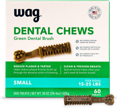Amazon Brand - Wag Dental Chews - Green Dental Brush for Dogs, Large, Unflavored, 24 Count (Pack of 1)