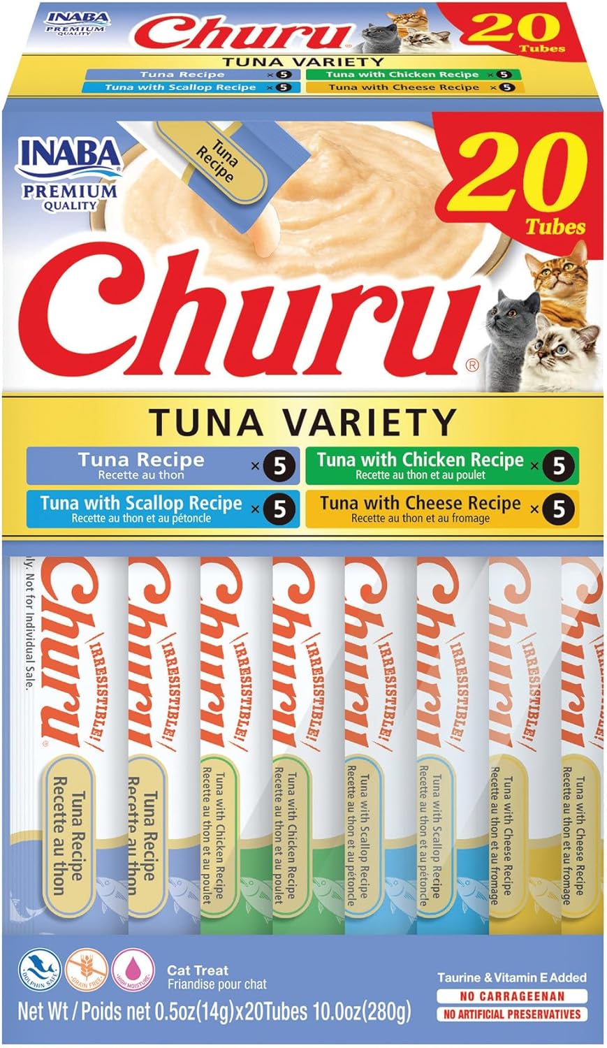 INABA Churu Cat Treats, Lickable, Squeezable Creamy Purée Cat Treat with Green Tea Extract & Taurine, 0.5 Ounces Each Tube, 20 Tubes, Chicken Variety Box