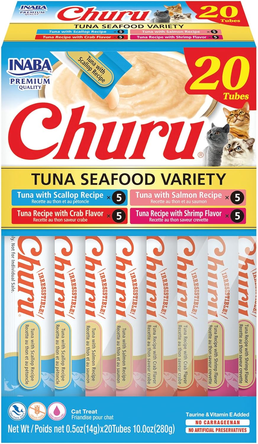 INABA Churu Cat Treats, Lickable, Squeezable Creamy Purée Cat Treat with Green Tea Extract & Taurine, 0.5 Ounces Each Tube, 20 Tubes, Chicken Variety Box