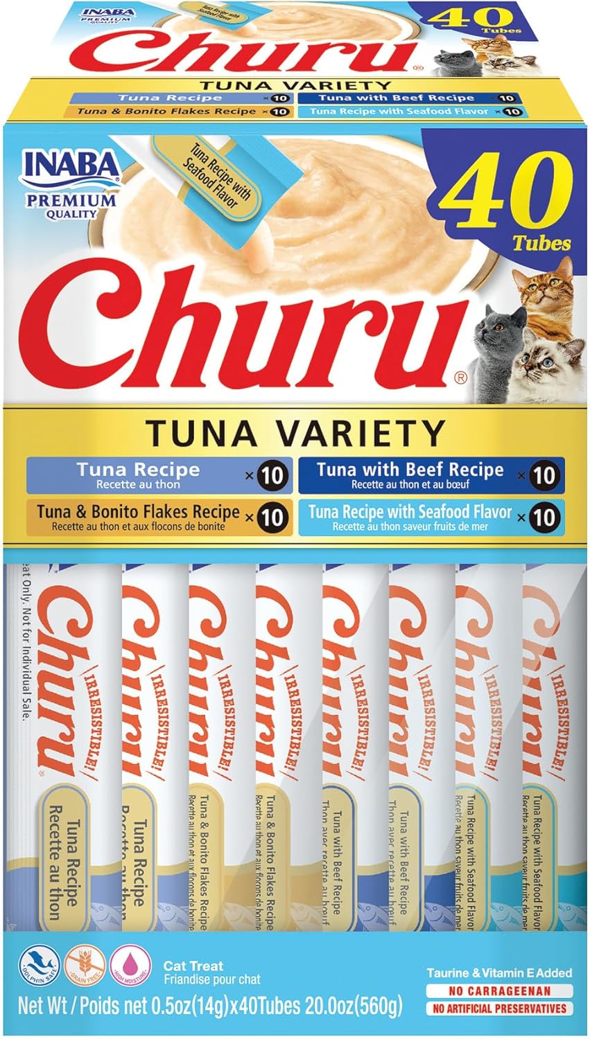 INABA Churu Cat Treats, Lickable, Squeezable Creamy Purée Cat Treat with Green Tea Extract & Taurine, 0.5 Ounces Each Tube, 20 Tubes, Chicken Variety Box