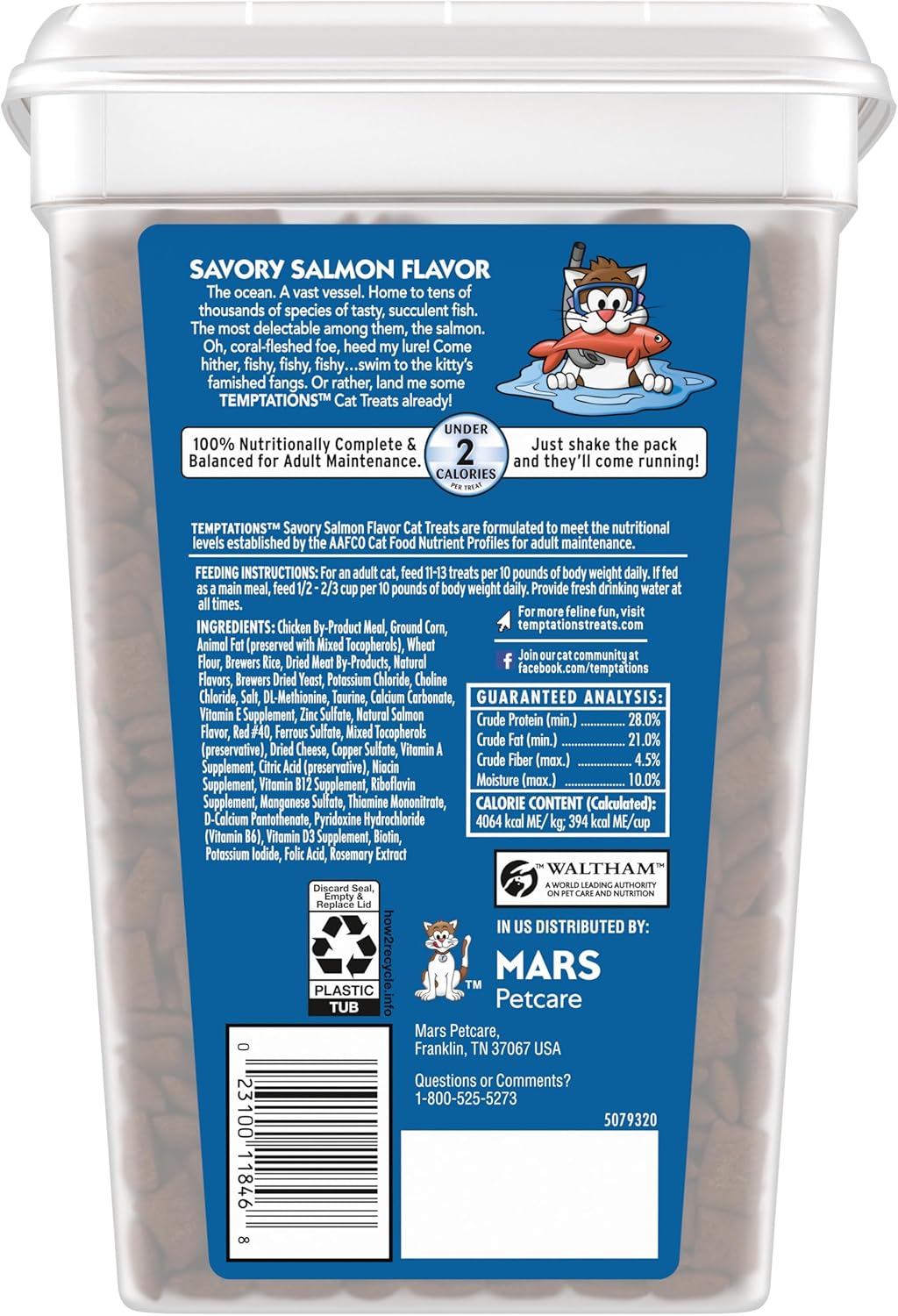 Temptations Classic Crunchy and Soft Cat Treats, Savory Salmon Flavor, 30 oz. Tub