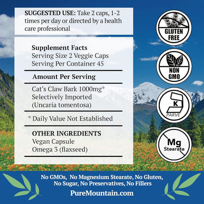 Pure Mountain Botanicals Cat’s Claw Capsules - 90 Kosher Vegan Caps with 1000mg Peruvian Cats Claw Uncaria Tomentosa Herbal Supplement