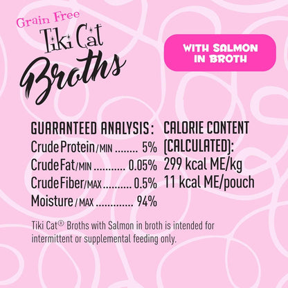 Tiki Cat Born Carnivore Broths, Salmon Recipe, Hydration and Flavor Supplement Cat Food Topper, 1.3 oz. Pouch (Pack of 12)
