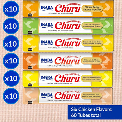 INABA Churu Cat Treats, Lickable, Squeezable Creamy Purée Cat Treat with Green Tea Extract & Taurine, 0.5 Ounces Each Tube, 20 Tubes, Chicken Variety Box