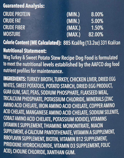 Amazon Brand - Wag Stew Canned Dog Food, Turkey & Sweet Potato Recipe, 13.2 oz Can (Pack of 12)