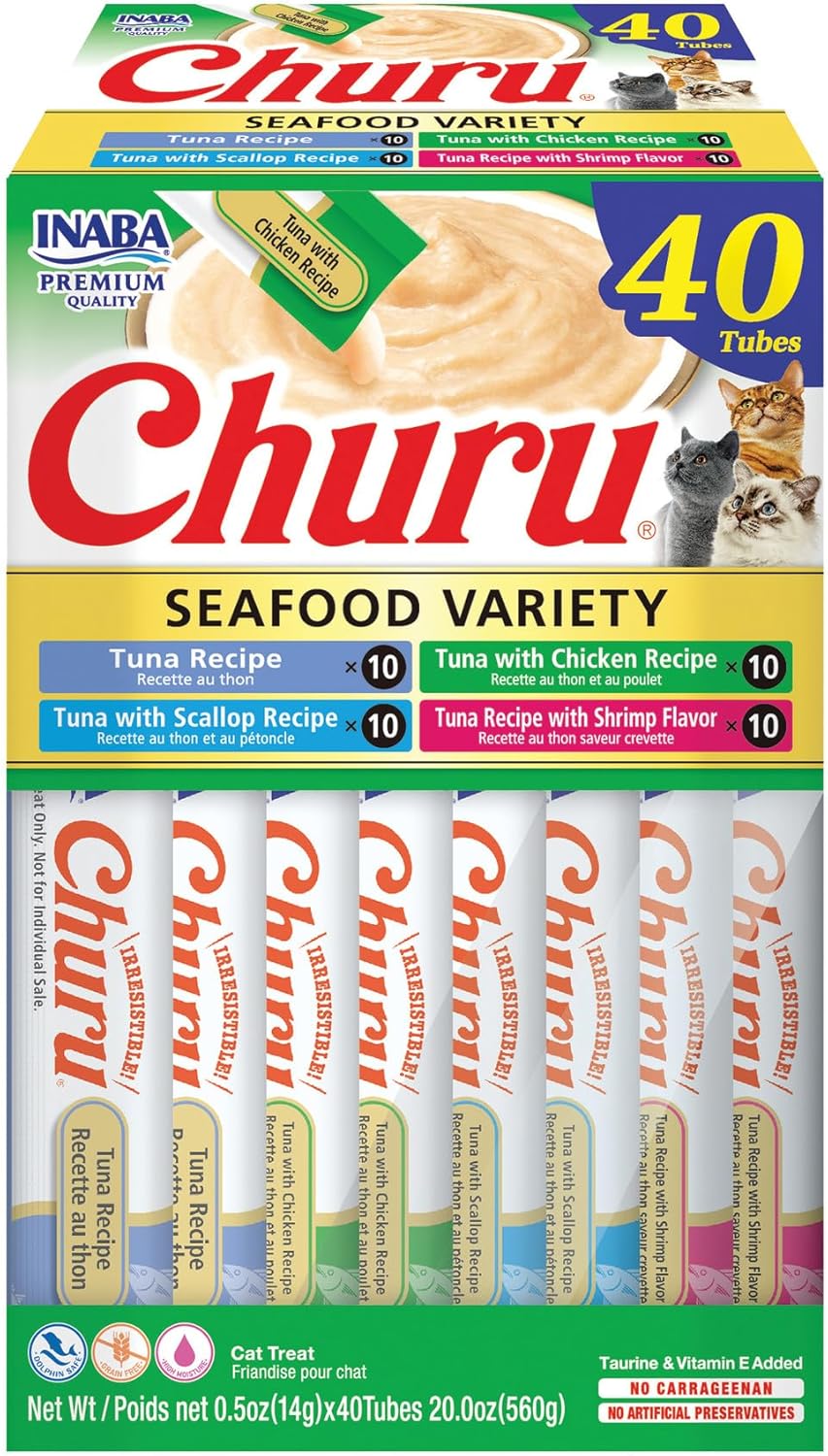 INABA Churu Cat Treats, Lickable, Squeezable Creamy Purée Cat Treat with Green Tea Extract & Taurine, 0.5 Ounces Each Tube, 20 Tubes, Chicken Variety Box
