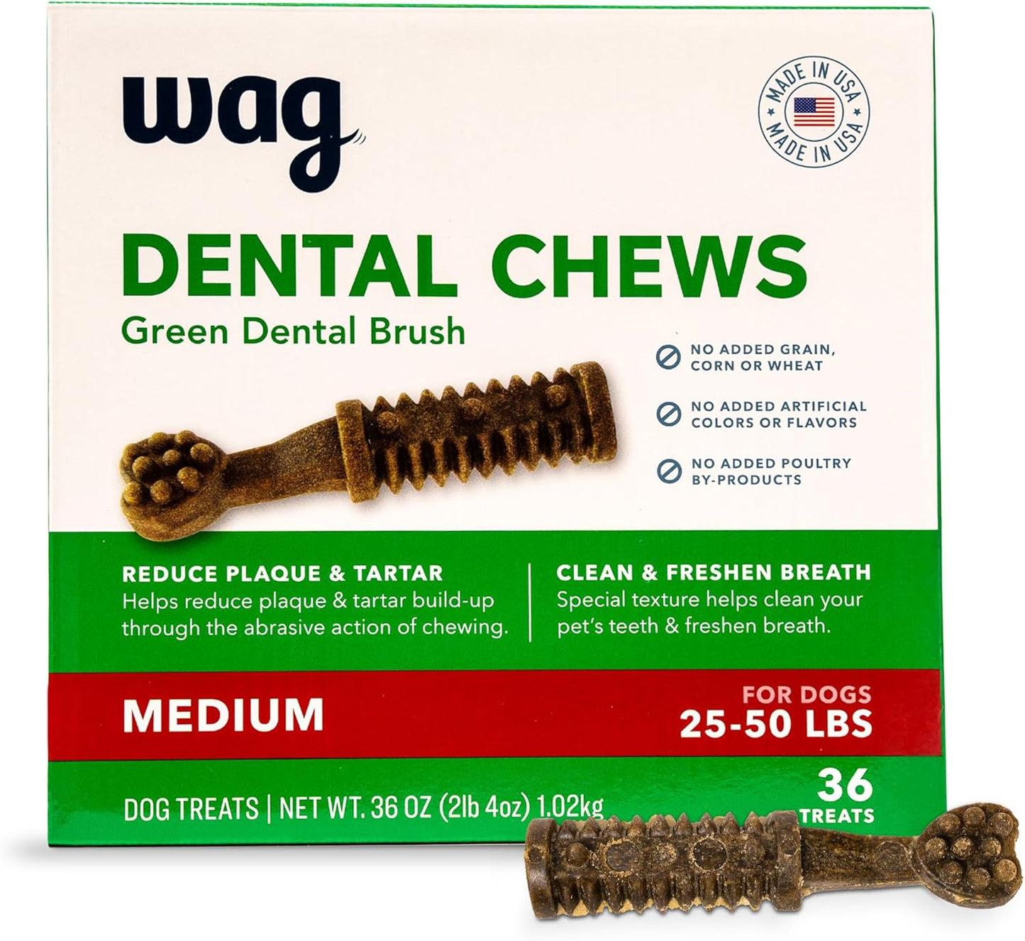 Amazon Brand - Wag Dental Chews - Green Dental Brush for Dogs, Large, Unflavored, 24 Count (Pack of 1)