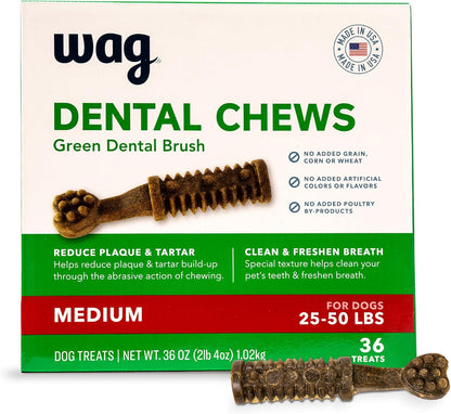 Amazon Brand - Wag Dental Chews - Green Dental Brush for Dogs, Large, Unflavored, 24 Count (Pack of 1)