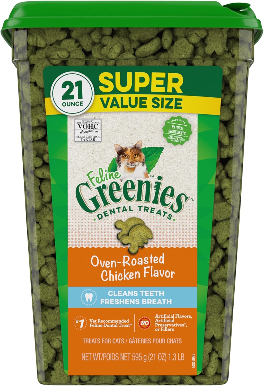 Greenies Feline Adult Dental Cat Treats, Oven Roasted Chicken Flavor, 9.75 oz. Tub