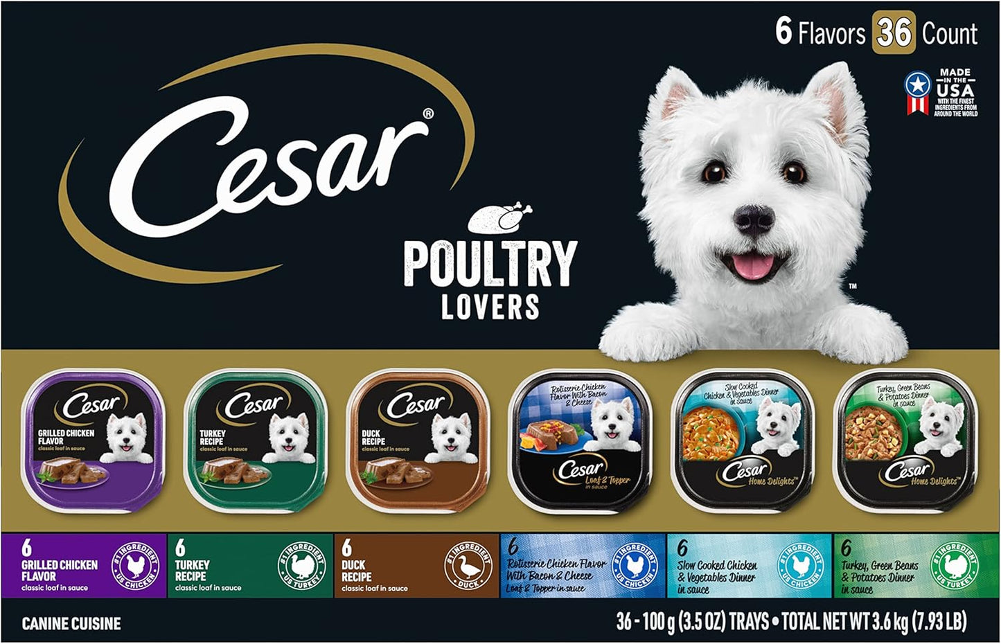Cesar Wet Dog Food Steak Lovers Variety Pack with Real Meat, 3.5 oz. Trays (36 Count, Pack of 1)
