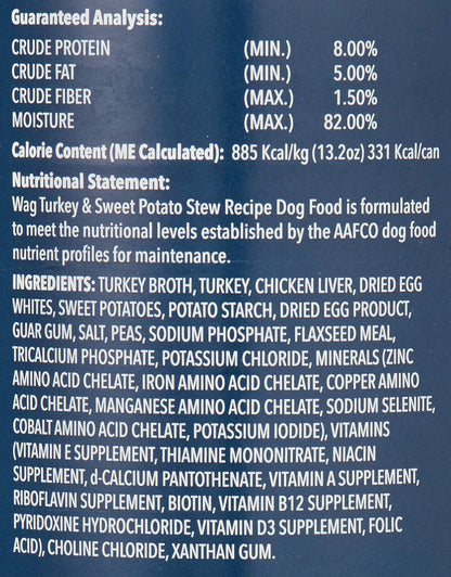 Amazon Brand - Wag Stew Canned Dog Food, Turkey & Sweet Potato Recipe, 13.2 oz Can (Pack of 12)