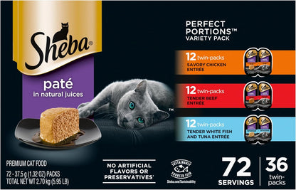 Sheba Perfect Portions Wet Cat Food Pate with Sustainable Salmon, Signature Seafood Entree, and Tender Whitefish and Tuna Entree Variety Pack, 2.6 oz. Twin Pack Trays (24 Count, 48 Servings)
