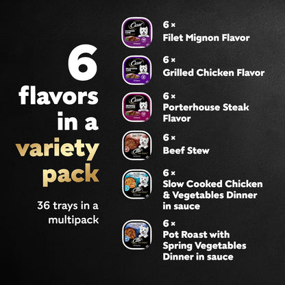Cesar Wet Dog Food Steak Lovers Variety Pack with Real Meat, 3.5 oz. Trays (36 Count, Pack of 1)
