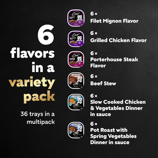 Cesar Wet Dog Food Steak Lovers Variety Pack with Real Meat, 3.5 oz. Trays (36 Count, Pack of 1)